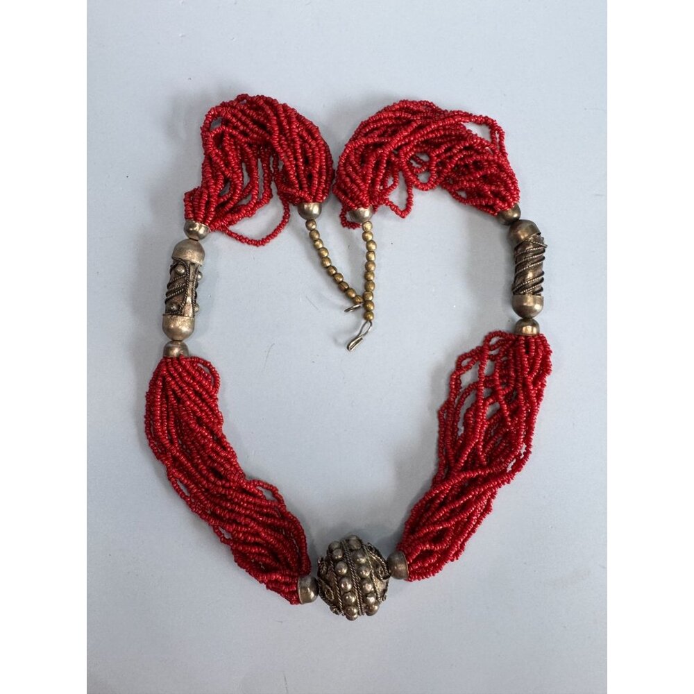 Vintage 1960s Tribal Red Coral Seed Beaded MultiStrand Necklace Oxidized Silver - Picture 7 of 8